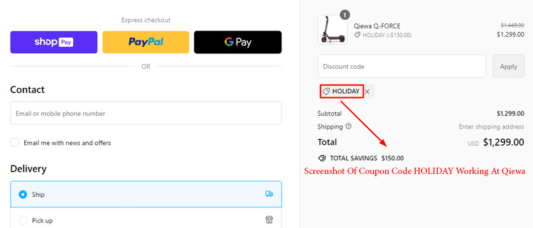 A screenshot of qiewa checkout page showing a working coupon code