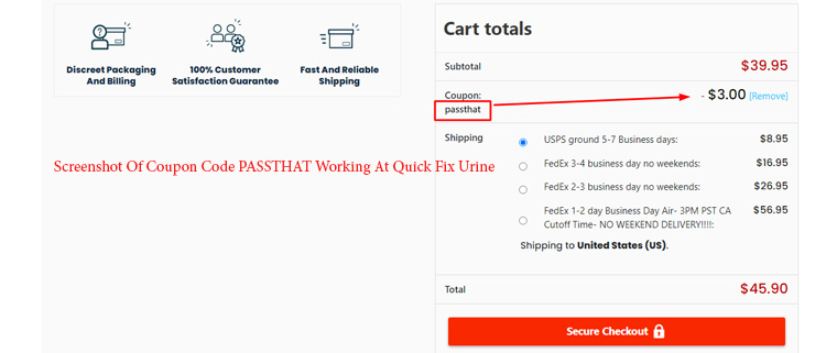 A screenshot of quick fix urine checkout page showing a working coupon code 
