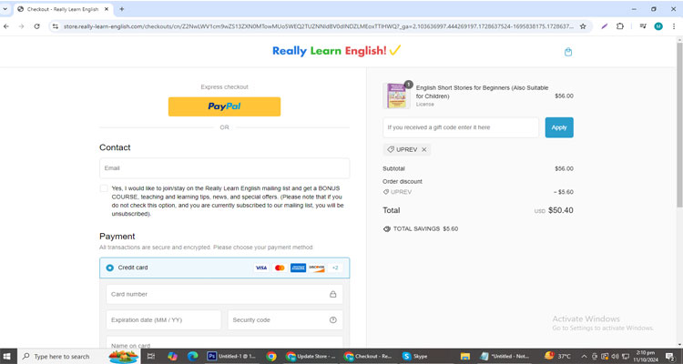 A screenshot of Really Learn English checkout page of working coupon code 