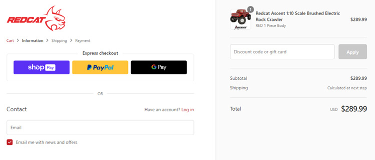 A screenshot of redcat racing checkout page showing a working coupon code 