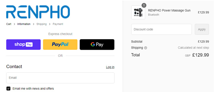 A screenshot of renpho uk checkout page showing a working coupon code