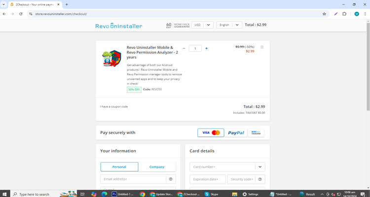 A screenshot of Revo Uninstaller checkout page of working coupon code