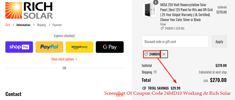 A screenshot of rich solar checkout page showing a working coupon code 