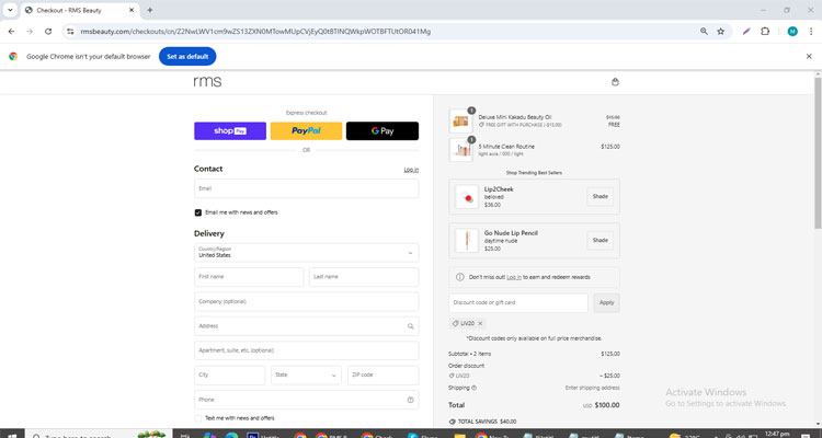 A screenshot of Rms Beauty checkout page of working coupon code 