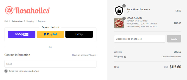 A screenshot of rosaholics checkout page showing a working coupon code 