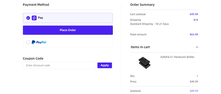 A screenshot of safepal wallet's checkout page showing a working coupon code