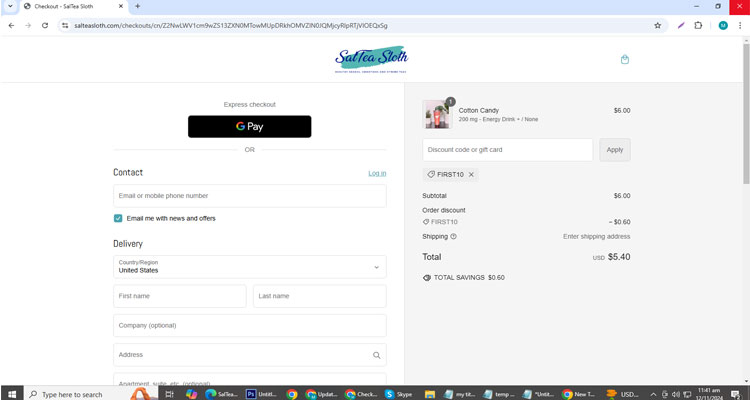 A screenshot of Saltea Sloth checkout page of working coupon code