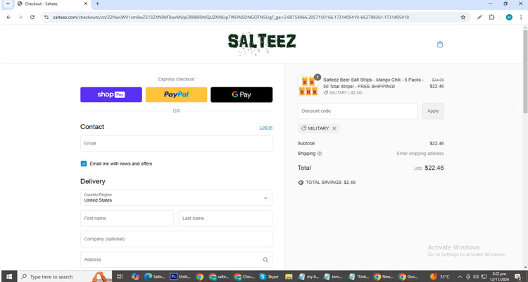 A screenshot of Salteez checkout page of working coupon code