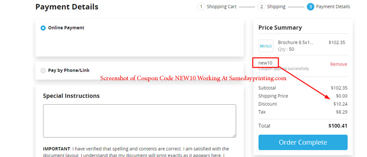 A screenshot of samedayprinting.com checkout page showing a working coupon code