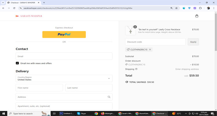 A screenshot of Sarah's Whisper checkout page of working coupon code 