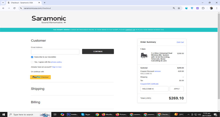 A screenshot of saramonic  checkout page of working coupon code 