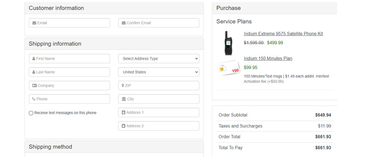 A screenshot of satellite phone store checkout page showing a working coupon code 