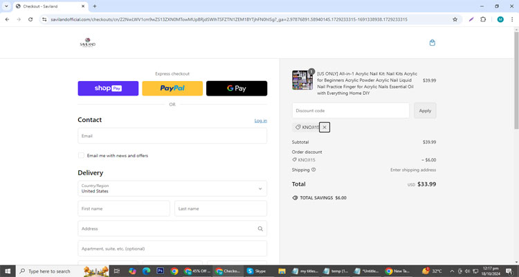 A screenshot of Saviland checkout page of working coupon code 