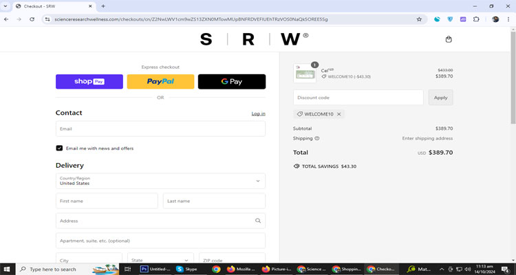 A screenshot of Science Research Wellness checkout page of working coupon code