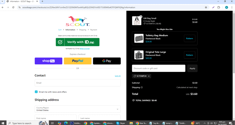 A screenshot of Scout Bags checkout page of working coupon code