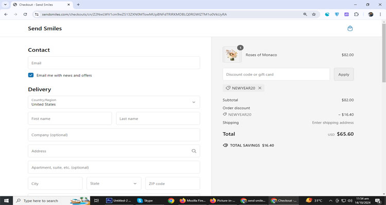 A screenshot of Send Smiles checkout page of working coupon code