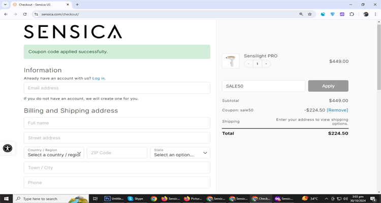 A screenshot of Sensica checkout page of working coupon code 