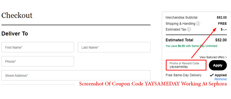 A screenshot of sephora checkout page showing a working coupon code