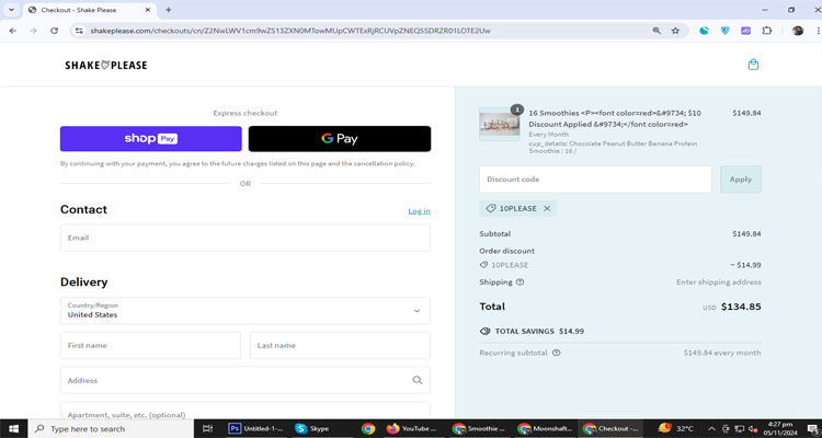 A screenshot of Shakeplease checkout page of working coupon code