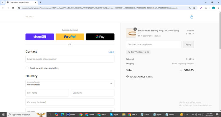 A screenshot of Shapes Studio checkout page of working coupon code 