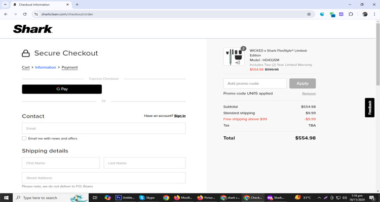 A screenshot of shark checkout page of working coupon code 