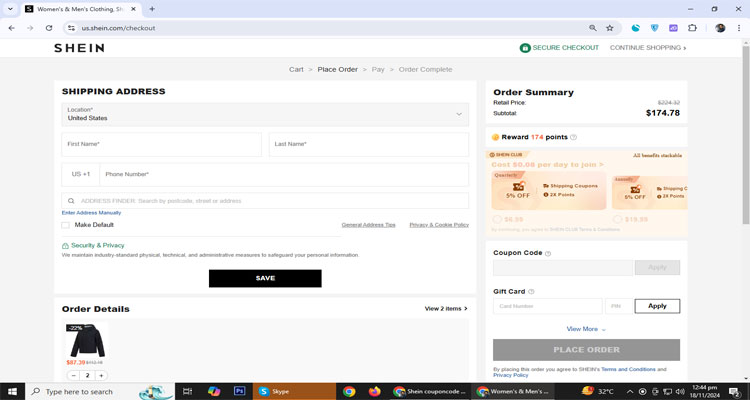 A screenshot of shein checkout page of working coupon code 