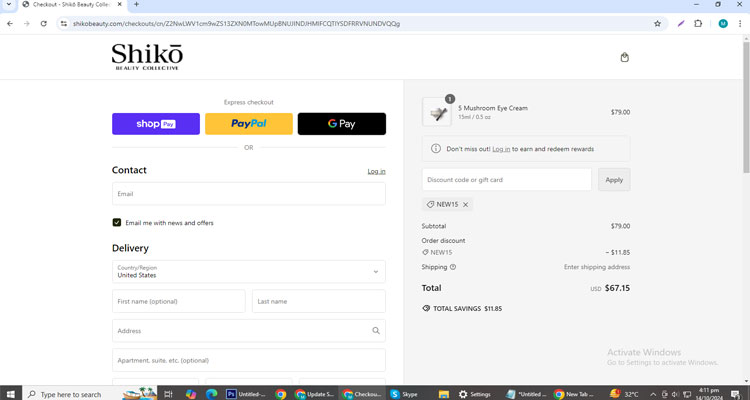A screenshot of Shiko Beauty Collective checkout page of working coupon code