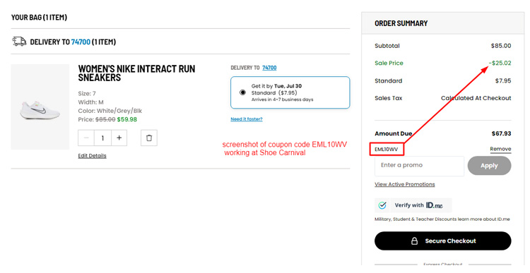 A screenshot of Shoe Carnival checkout page with a working coupon code