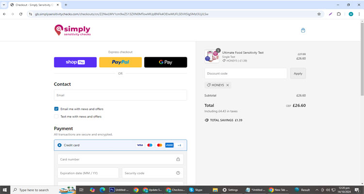 A screenshot of Simply Sensitivity Checks checkout page of working coupon code