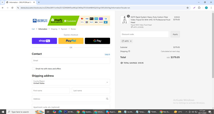 A screenshot of Sirui checkout page of working coupon code 