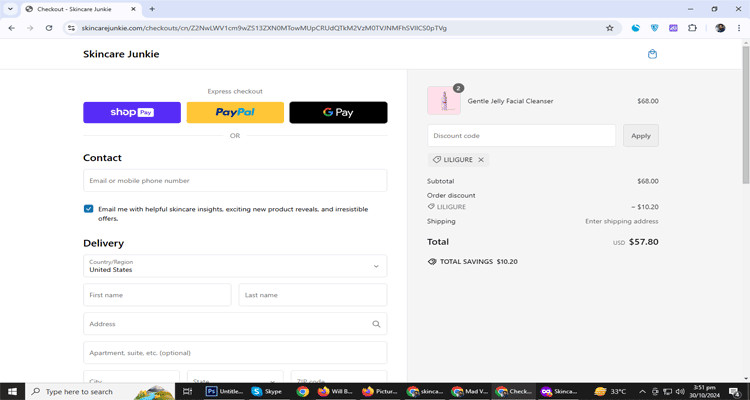 A screenshot of skincare junkie checkout page of working coupon code 