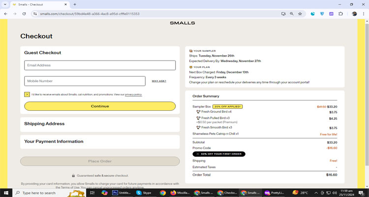 A screenshot of smalls checkout page of working coupon code 