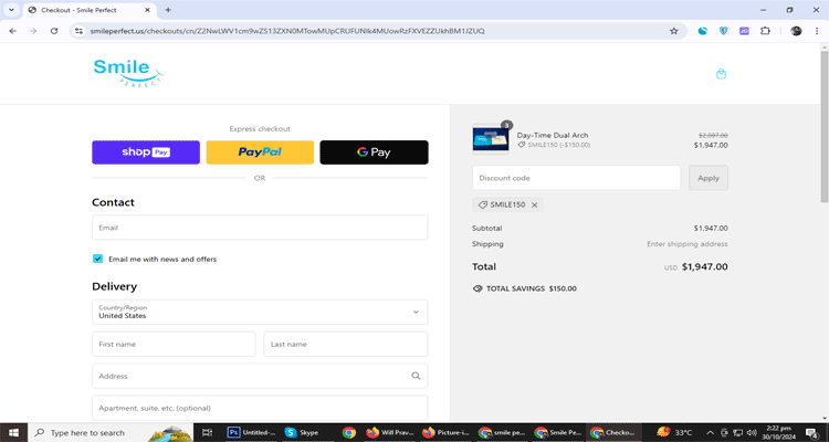 A screenshot of Smile perfect  checkout page of working coupon code 