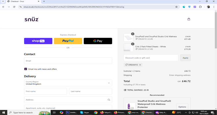 A screenshot of Snuz checkout page of working coupon code