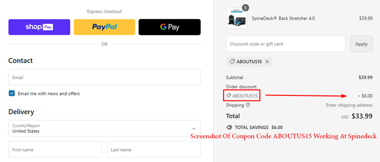 A screenshot of spinedeck checkout page showing a working coupon code 