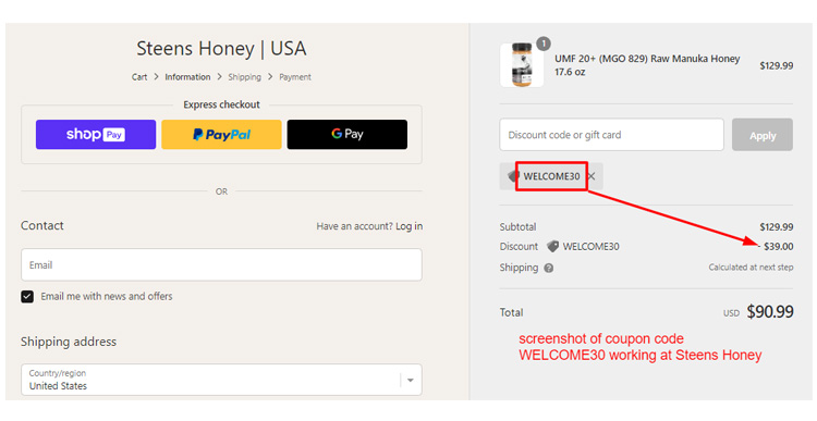 A screenshot of Steens Honey checkout page with a working coupon code