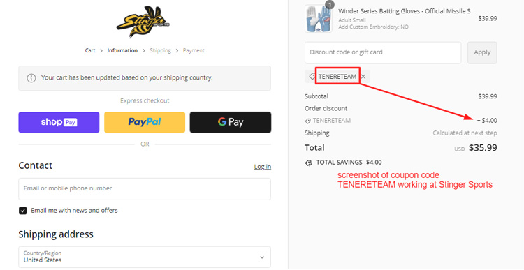  A screenshot of Stinger Sports checkout page with a working coupon code