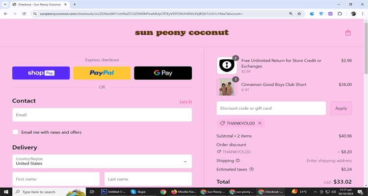 A screenshot of Sun Peony Coconut checkout page of working coupon code 