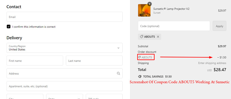 A screenshot of sunsetic checkout page showing a working coupon code