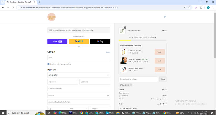 A screenshot of Sunshine Tienda checkout page of working coupon code 