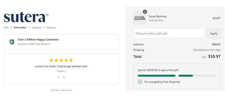 A screenshot of sutera checkout page showing a working coupon code