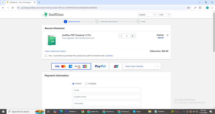 A screenshot of Swifdoo checkout page of working coupon code 