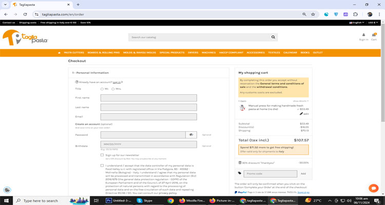 A screenshot of Taglia Pasta checkout page of working coupon code