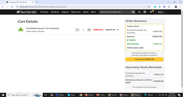A screenshot of Techsmith checkout page of working coupon code 
