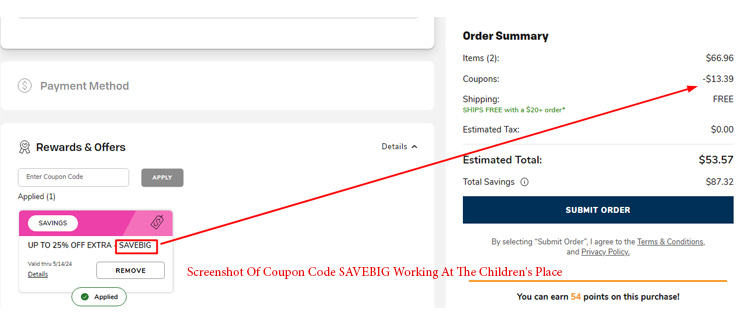 A screenshot of the children's place checkout page showing a working coupon code