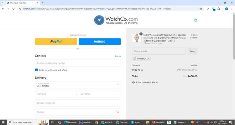 A screenshot of The Watch Co checkout page of working coupon code 