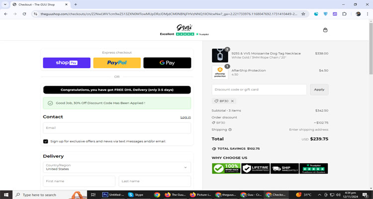 A screenshot of The guu shop checkout page of working coupon code