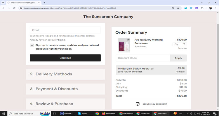 A screenshot of The Sunscreen Company checkout page of working coupon code 