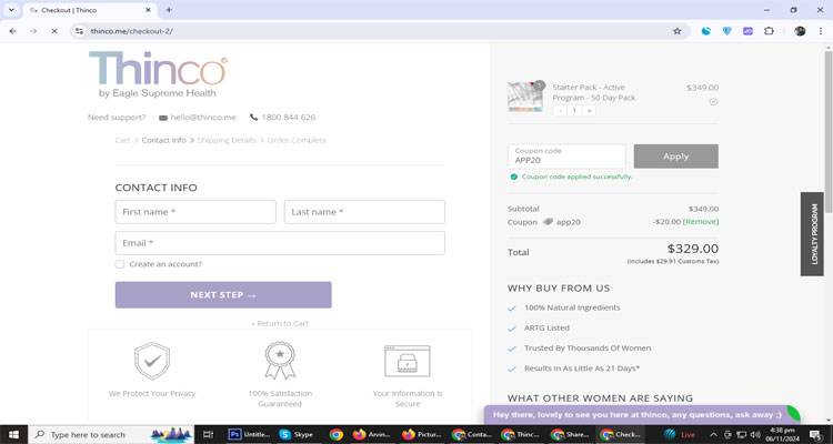 A screenshot of thinco checkout page of working coupon code 