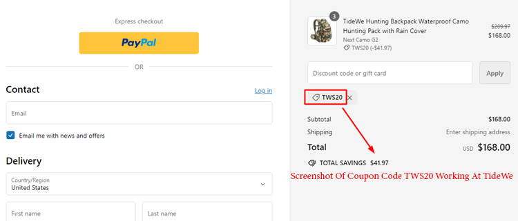 A screenshot of tidewe's checkout page showing a working coupon code